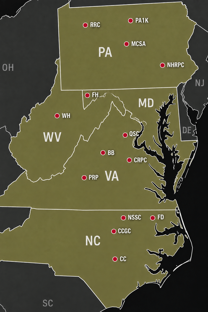 Map of long range gun ranges in PA, WV, MD, VA, and NC.