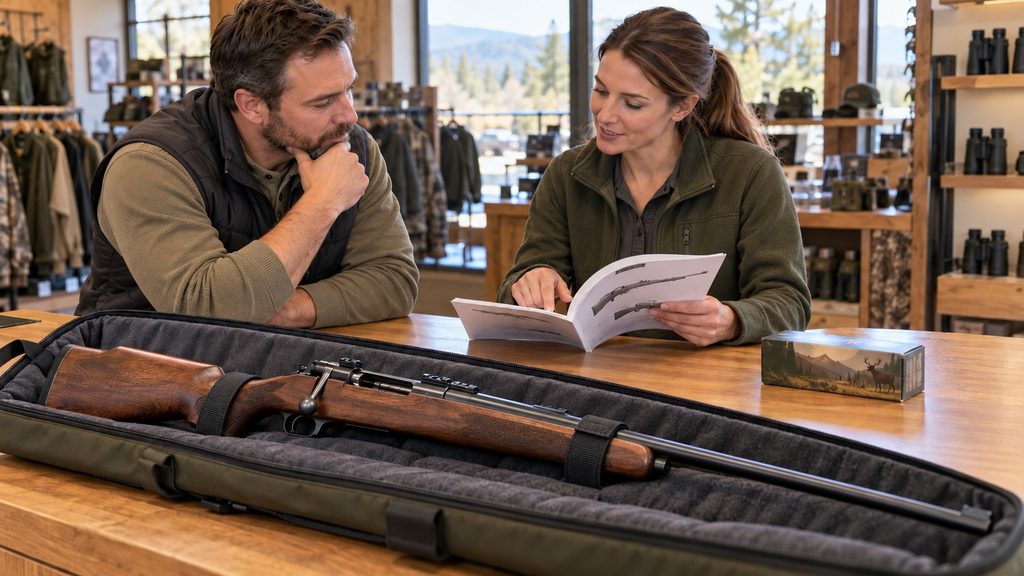 Customer and shop employee reviewing a firearm manual beside a cased hunting rifle and a closed ammunition box.