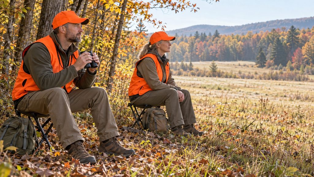 Two hunters in blaze-orange vests sit at a woodland edge watching a meadow, with one holding binoculars.